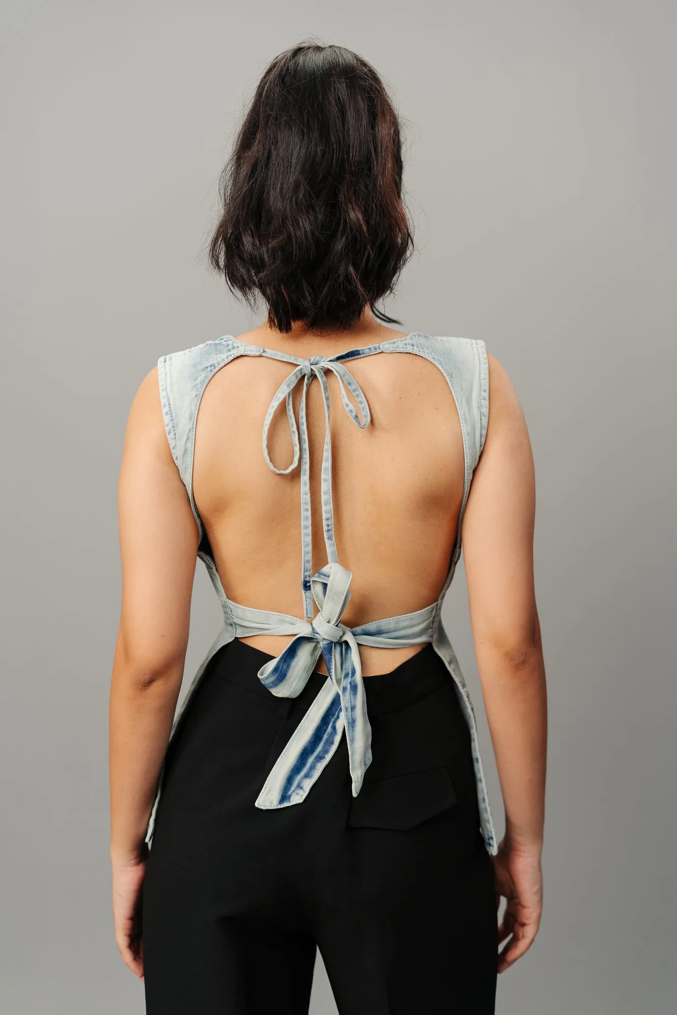 Retro Back Tie Up Denim Top
