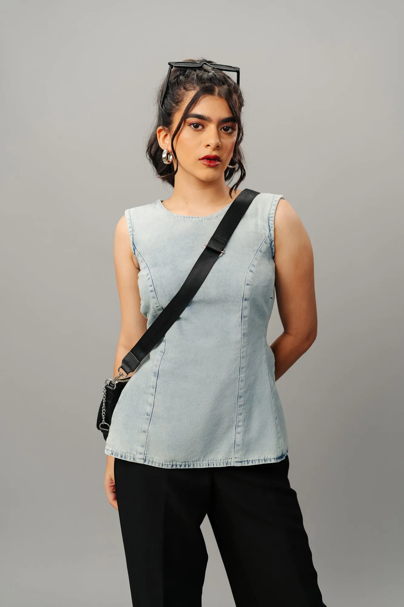 Retro Back Tie Up Denim Top