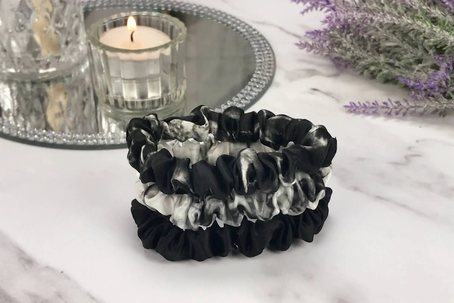 Silk Hair Ties - Black White Marble and Black Marble (Skinny)