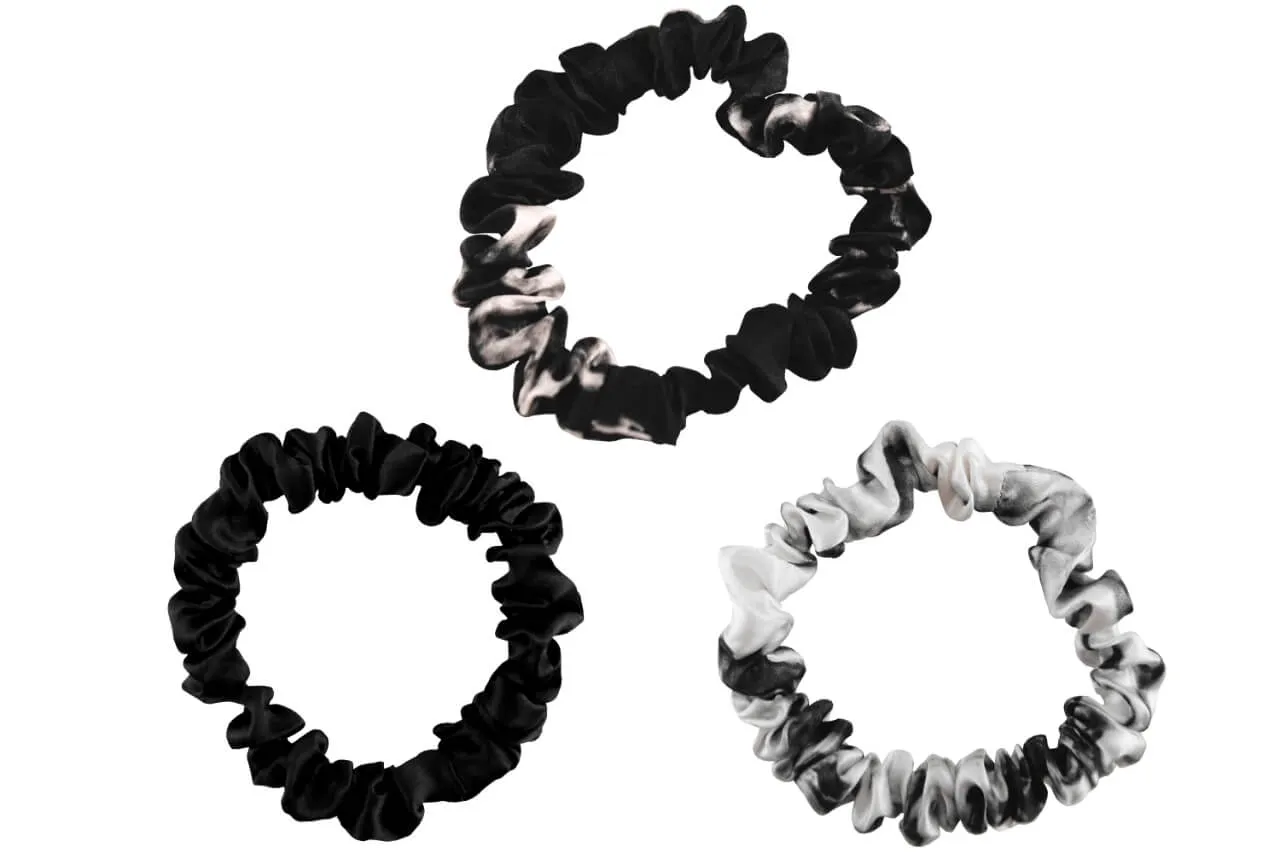 Silk Hair Ties - Black White Marble and Black Marble (Skinny)