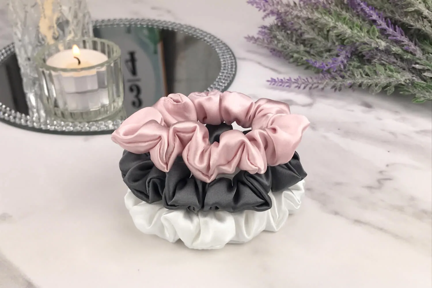 Silk Hair Ties - Charcoal Ivory and Pink (Skinny)