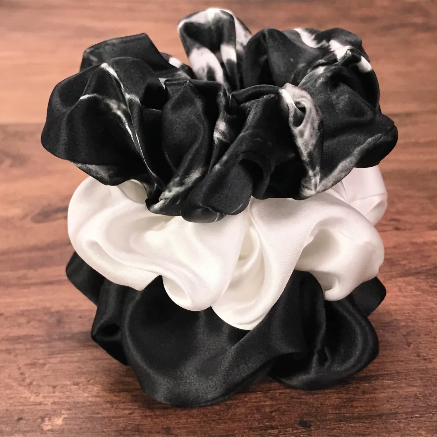 Silk Hair Ties - Ivory Black Marble and Black (Large)