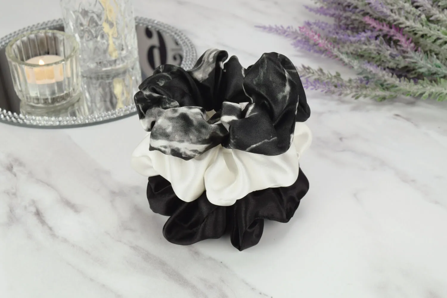 Silk Hair Ties - Ivory Black Marble and Black (Large)