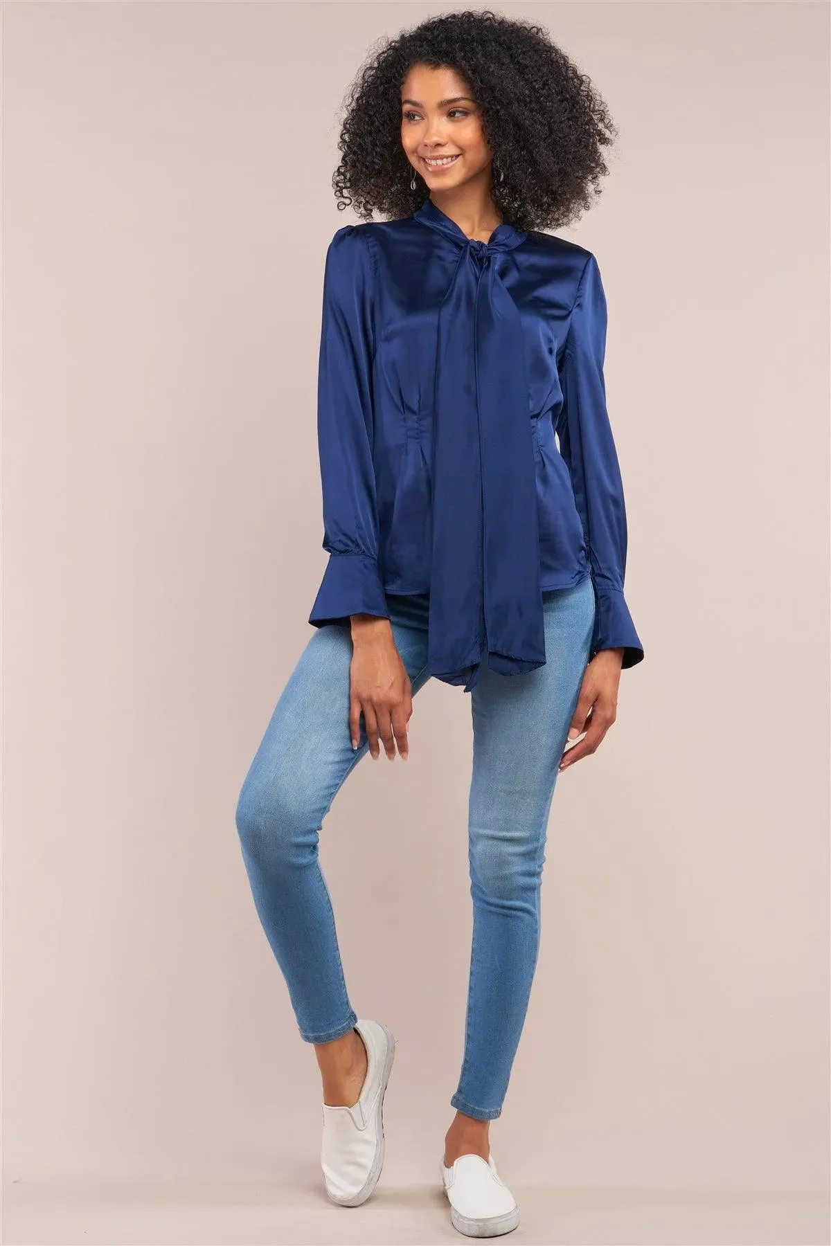 Victorian Indigo Blue Satin Long Sleeve Self-Tie Collar Button Down Gathered Blouse /2-2-2