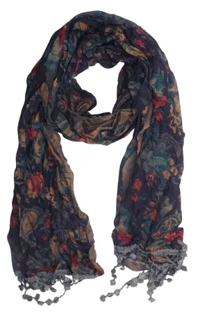 Vintage Floral Silk Scarf with Knotted Tassels - Sale