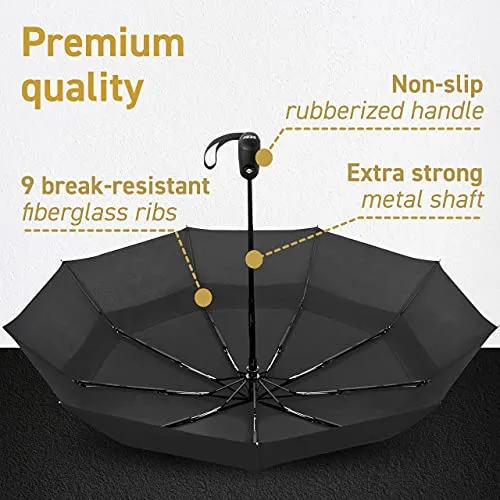 Windproof Travel Umbrella- Double Vented - Auto - Black