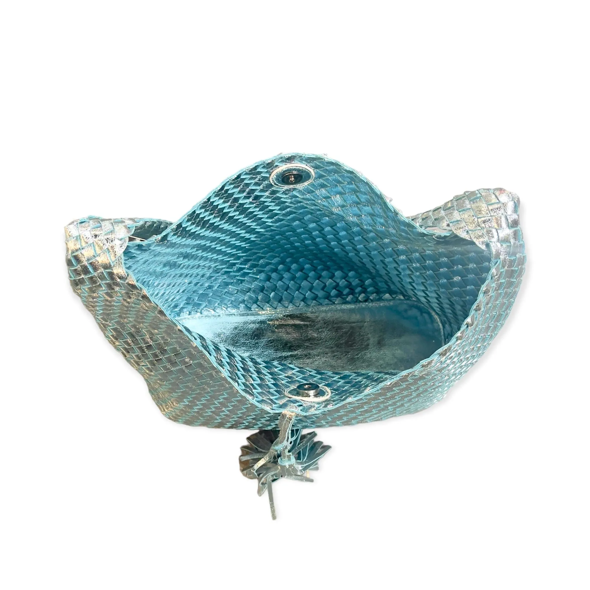 WOVEN VEGAN BLUE METALLIC HANDBAG
