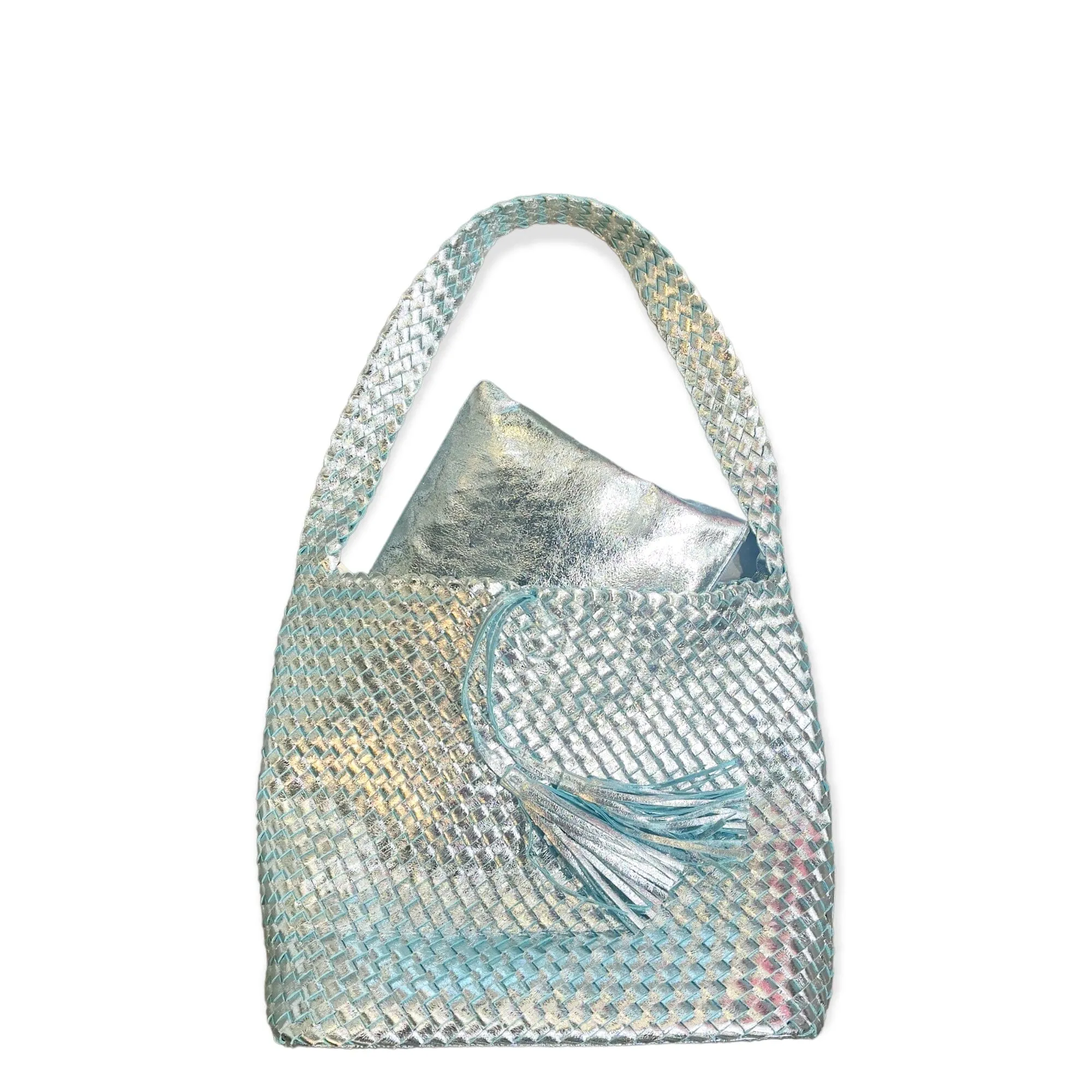 WOVEN VEGAN BLUE METALLIC HANDBAG